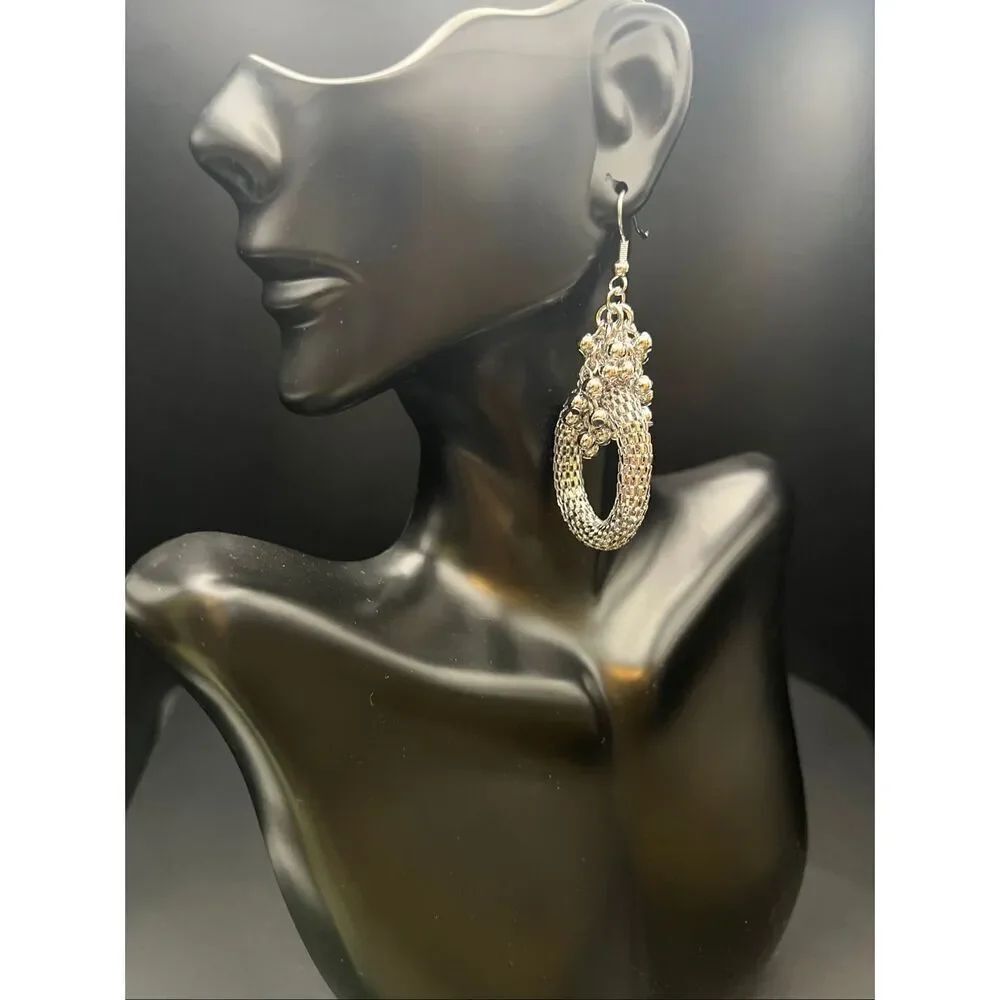 Silver Tone Hollow Popcorn Mesh Hoop Cluster Metallic Beads Drop Earrings